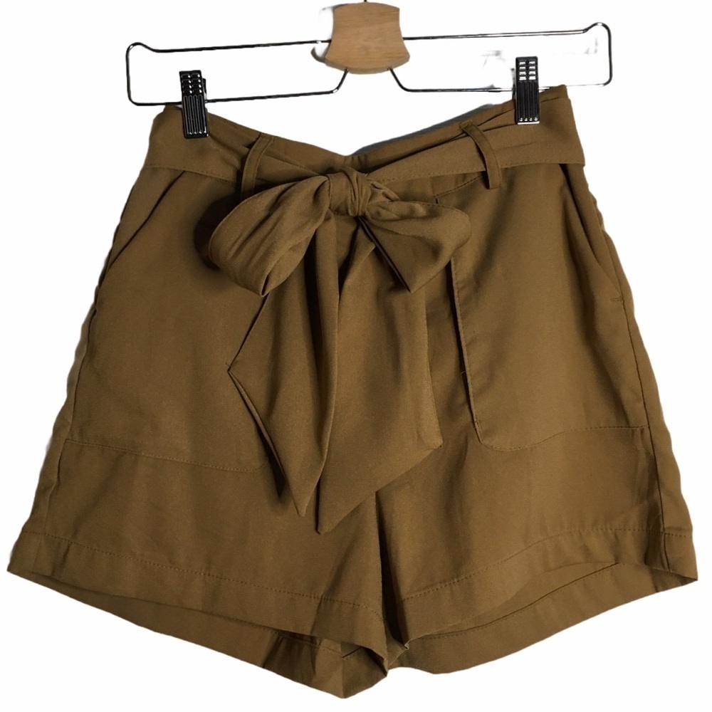 A New Day Brown High Rise Shorts Neutral Tie Detail Pockets XS Extra Small